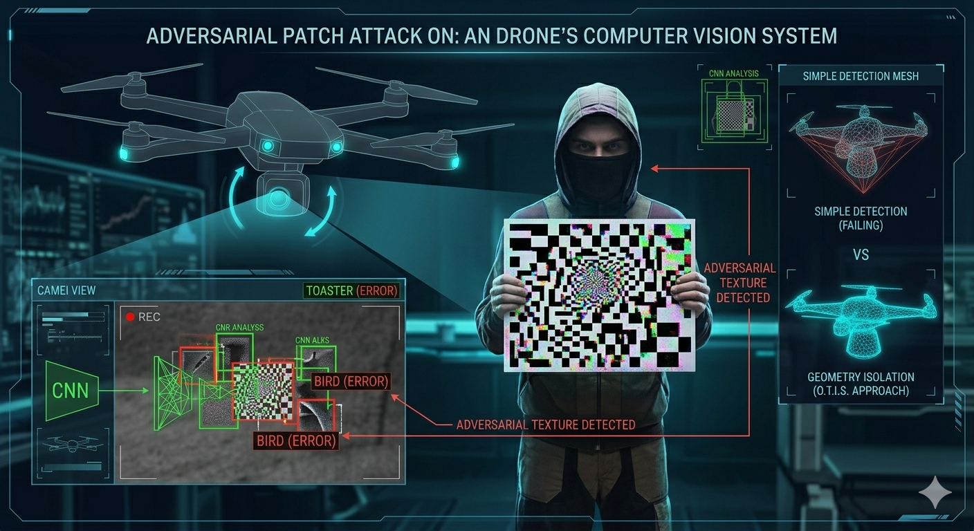 Tactical visualization of an adversarial patch attack, showing a drone failing to classify a patterned target (Era 1: image_10.png)